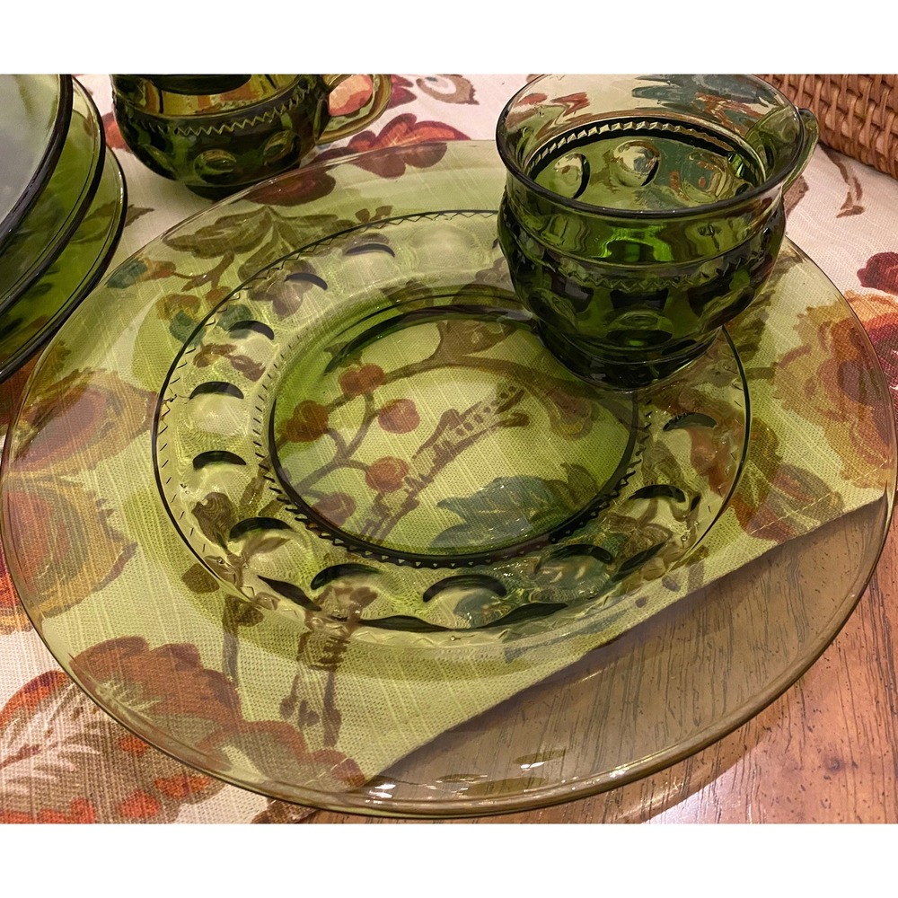 Set-of-2‎ Vintage Green Indiana Glass Kings Crown Thumbprint 8 1/2" Snack Sets